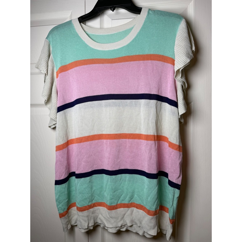 Striped Ruffle Sleeve Knit Top Viscose Crew Neck Sweater Tee